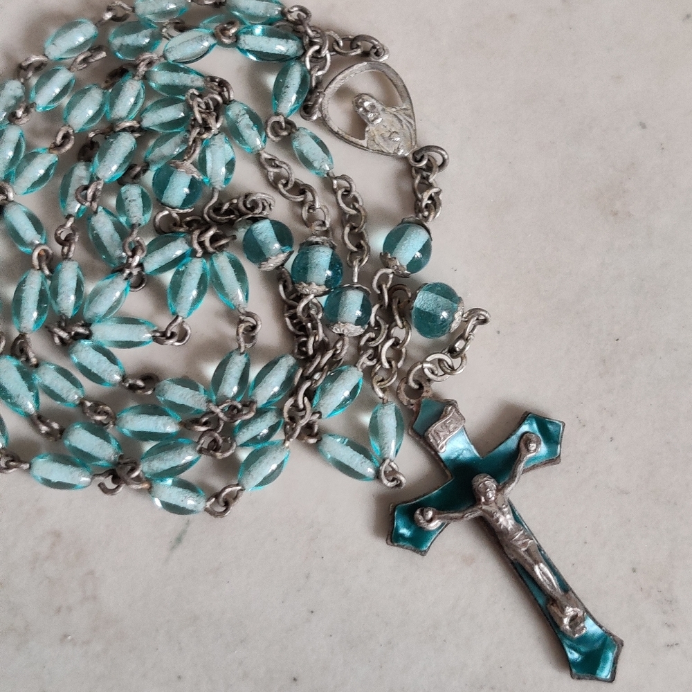 Vintage Blue Glass Rosary Enamel Crucifix INRI